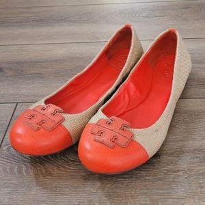 Tory Burch Carita Orange and Raffia Flats Size 10.5